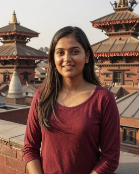 Beautiful Nepali woman smiling on a Kathmandu rooftop with temple backdrop