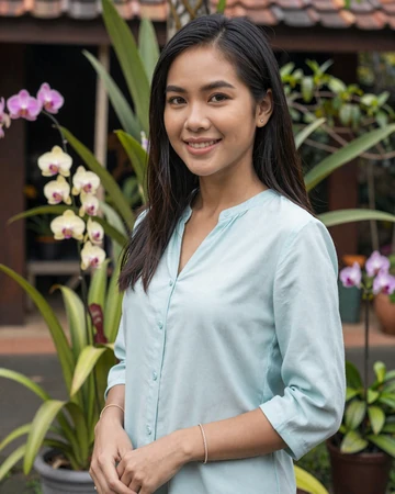 Gentle Thai woman smiling in a traditional garden - Thai women dating
