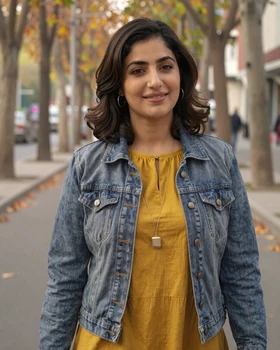 Roya, a young Afghan woman in modern casual clothing walking along an autumn city street