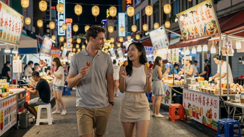 Happy couple enjoying a romantic night market date in Taiwan