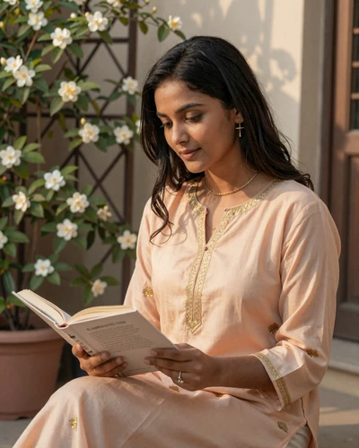 Pakistani woman reading in a jasmine-covered courtyard in traditional modern kurta