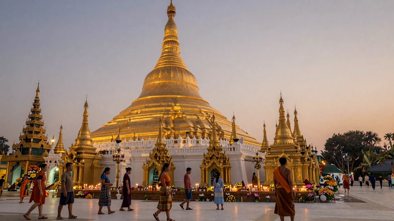 Golden Shwedagon Pagoda in Yangon Myanmar at twilight reflecting spiritual beauty of Burmese culture