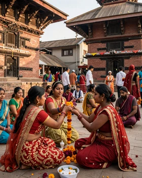 Nepali women celebrating Dashain festival with tika and marigold garlands