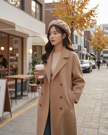 Stylish Korean woman walking through a trendy Seoul neighborhood in autumn
