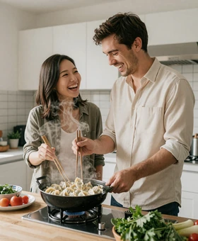 Western man and Asian woman cooking together, learning each other's cultural traditions