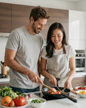 Western man and Korean woman cooking together in a modern kitchen, representing cross-cultural daily life