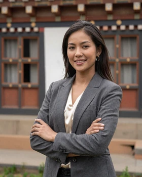 Confident Bhutanese professional woman in modern attire, representing matrilineal traditions