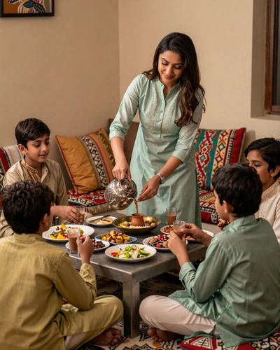 Pakistani woman serving chai to her family during a traditional gathering at home