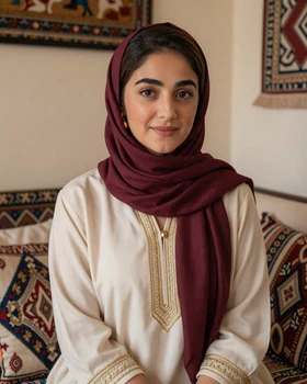 Yemeni woman in elegant traditional clothing smiling warmly in a cozy Arabian setting