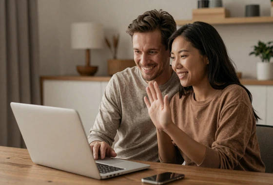 Western man having a video chat date with an Asian woman on Tinpak Asians platform