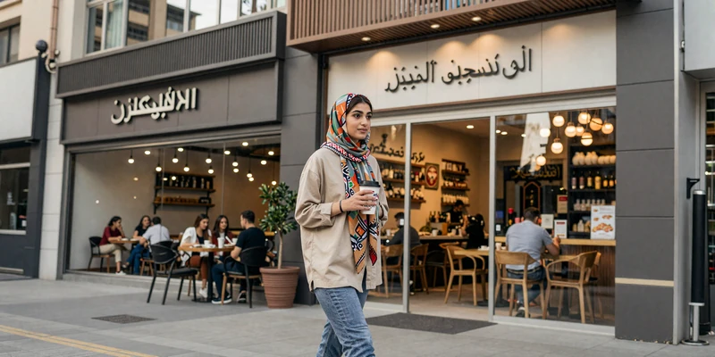 Yemeni-American woman in a vibrant diaspora community neighborhood showcasing modern lifestyle and cultural heritage