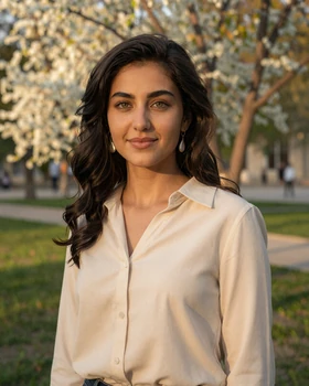 Beautiful Uzbek woman in Tashkent park wearing modern casual clothing