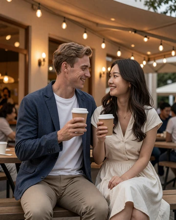 Western man and Korean woman enjoying a romantic cafe date in Seoul
