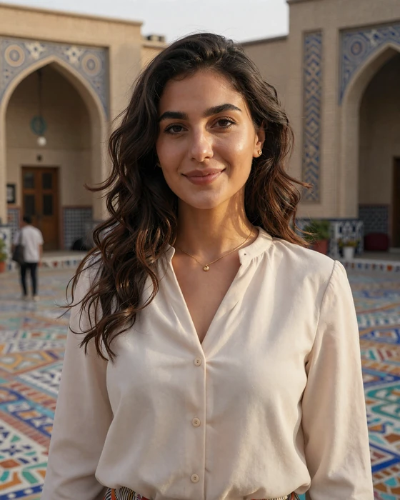 Turkmen woman smiling warmly in a sunlit courtyard in Ashgabat ready for dating