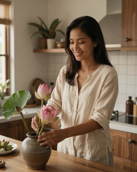 Cambodian woman arranging lotus flowers in a sunlit kitchen showcasing nurturing character