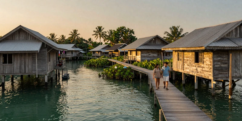 Kampong Ayer water village in Brunei at golden hour with traditional stilt houses and boardwalks