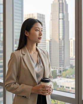 Educated Chinese woman professional looking over modern Shanghai skyline from office