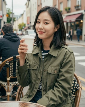 North Korean diaspora woman enjoying cafe culture in her new Western city
