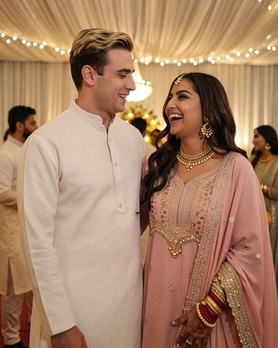 Western man in shalwar kameez and Pakistani woman laughing together at a festive celebration