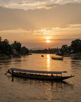 Mekong River sunset near Vientiane Laos with traditional longboats