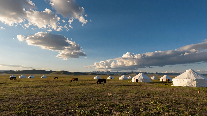 Mongolian steppe landscape with traditional ger tents and grazing horses