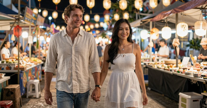 Western man and Thai woman walking through a vibrant night market on their first meeting trip