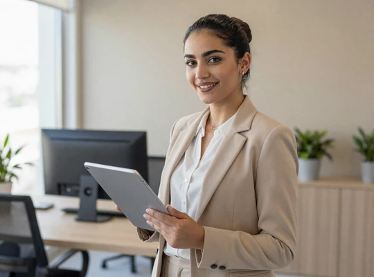 Professional Jordanian woman working in a modern Amman office